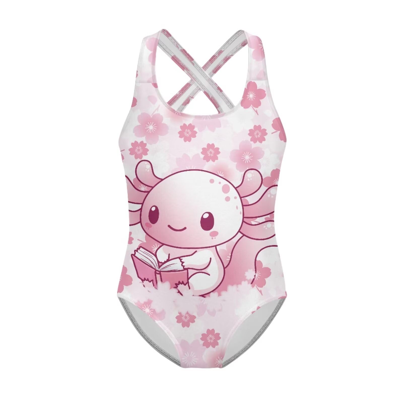 Girls One Piece Swimsuits Axolotl Cross Back Swimwear Beach Summer Quick Dry Beach Bathing Suit