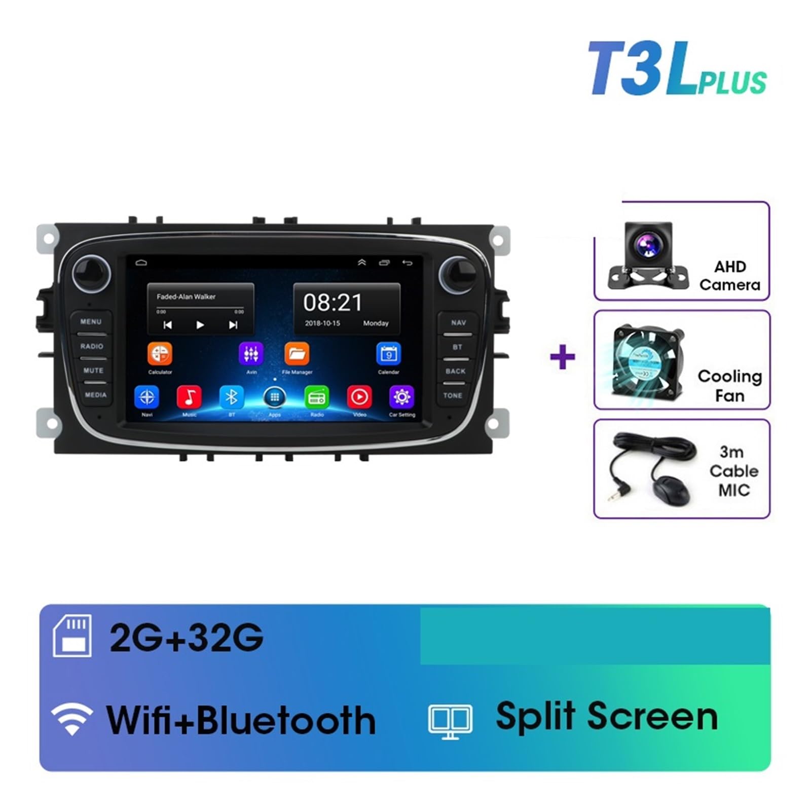 Nawigacja satelitarna Radio Samochodowe Multimedialny Odtwarzacz Wideo Nawigacja GPS(T3LPlus-Cam(Black))