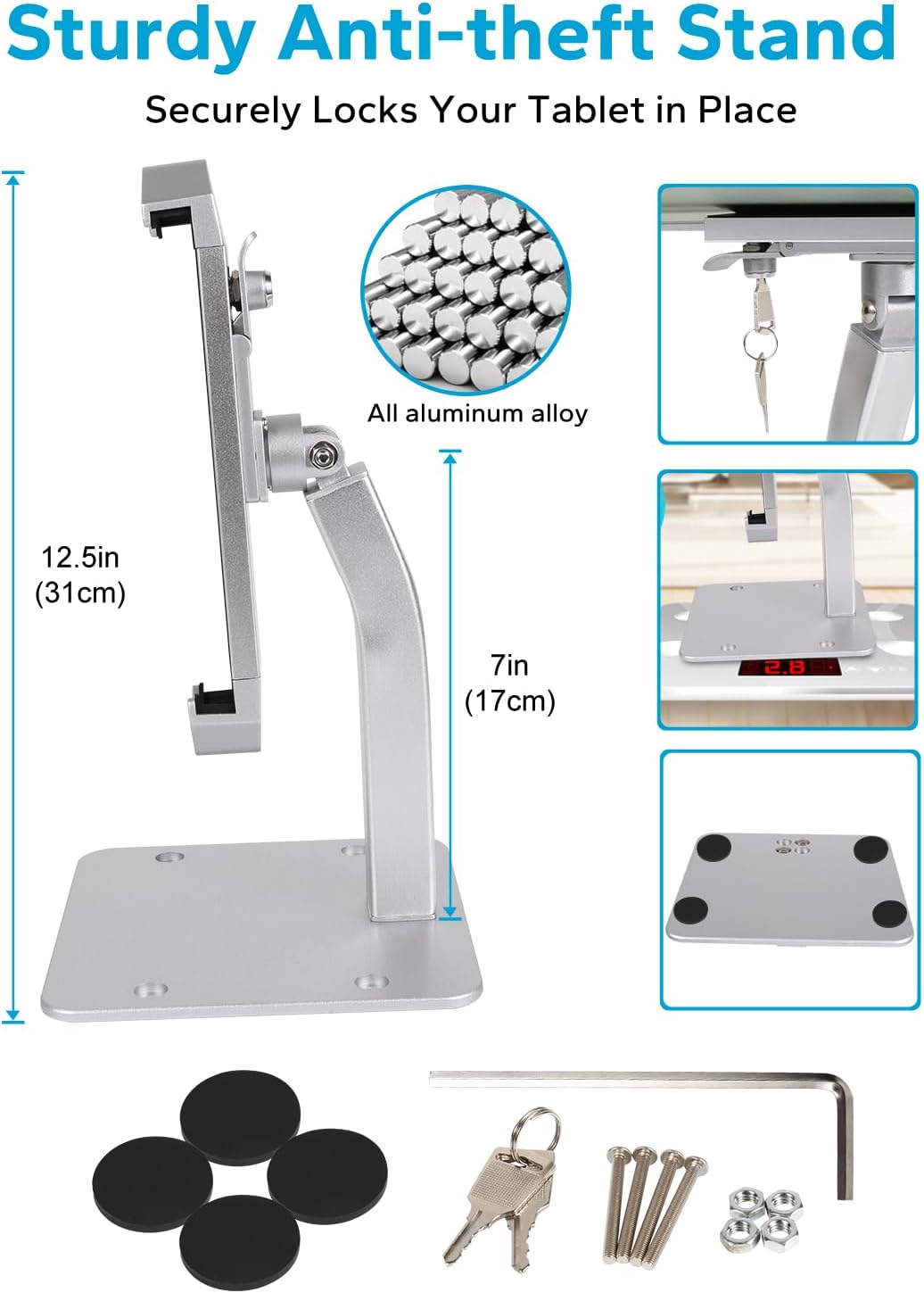 GDZN Anti-Theft Tablet Kiosk Stand with Lock, [Aluminum Arm] Desk Security POS Tablet Stand for Retail/Commercial/Trade Show, Heavy Duty Adjustable iPad Mount for iPad Pro, Galaxy tab, 9-14" Devices