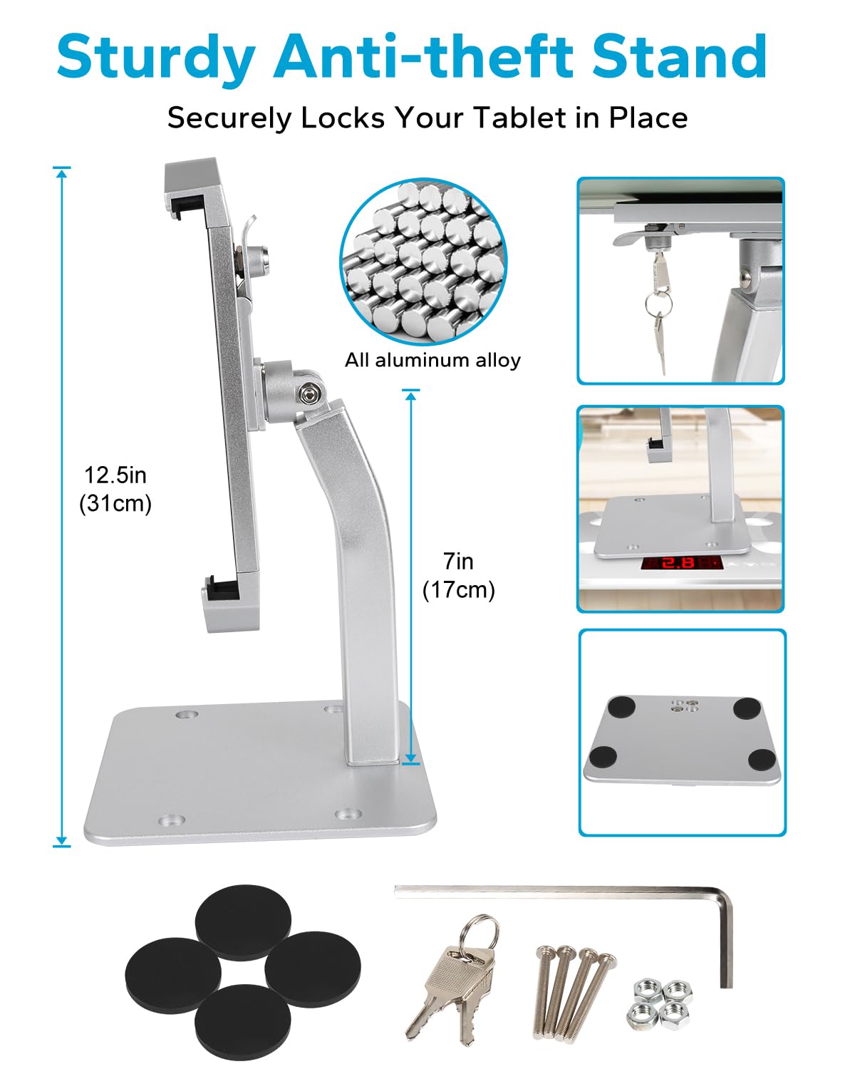 GDZN Tablet Tischhalterung Diebstahlsicherung [Sicherer Halt] Heavy Duty Aluminium Tablet Kiosk Stand mit Schloss für Messen Büro für iPad Pro 12.9 / Air, Surface, Galaxy Tab 9-14" Tablets