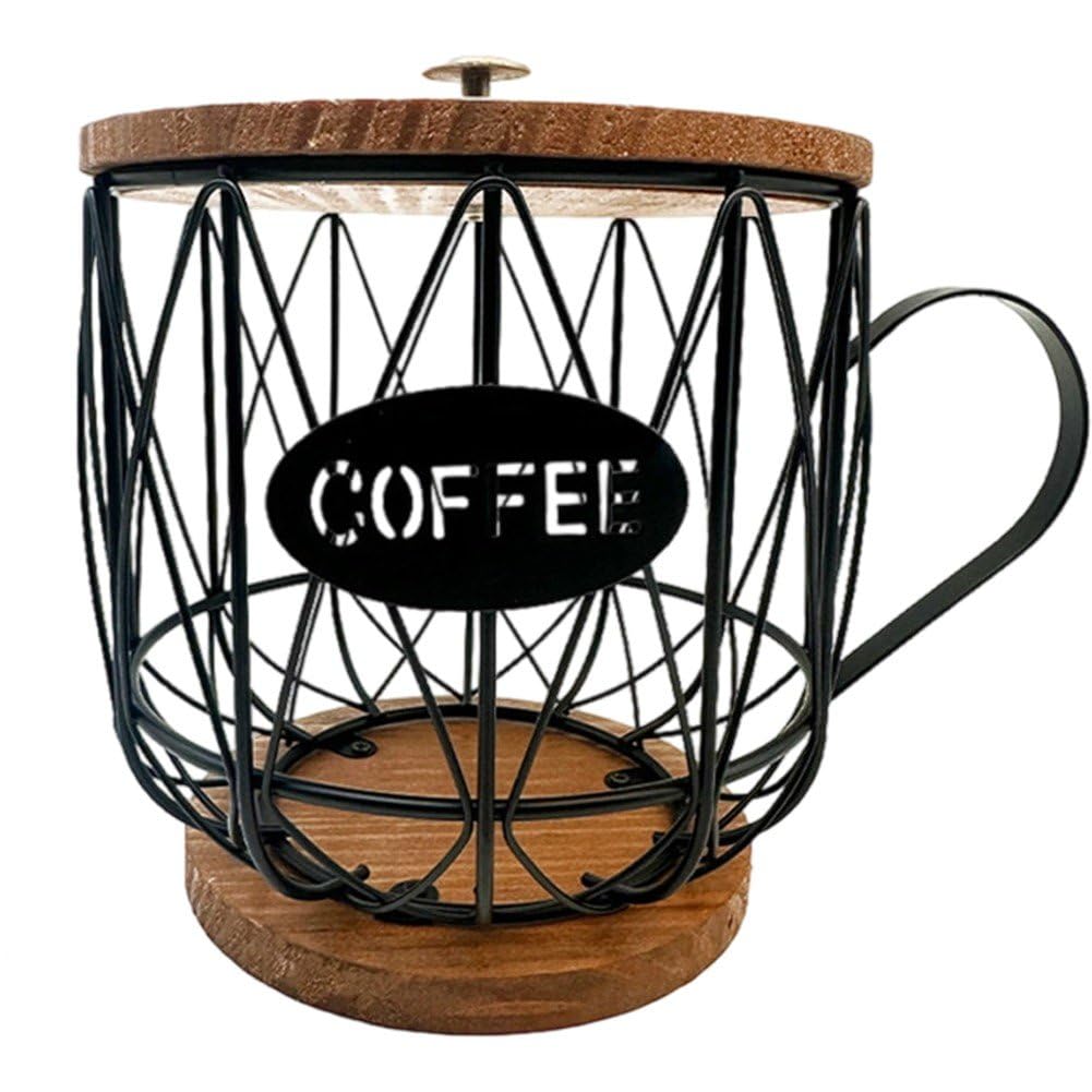 Organisateur de dosettes de café en fer avec base et couvercle en bois pour comptoir