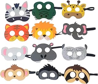 12-Piece Animals Felt Masks Set for Kids - Adorable Party Costumes for Family Activities% Birthday Celebrations - Elastic Straps for Long Wear - Zebra Rhino Monkey Giraffe Tiger Lion Koala