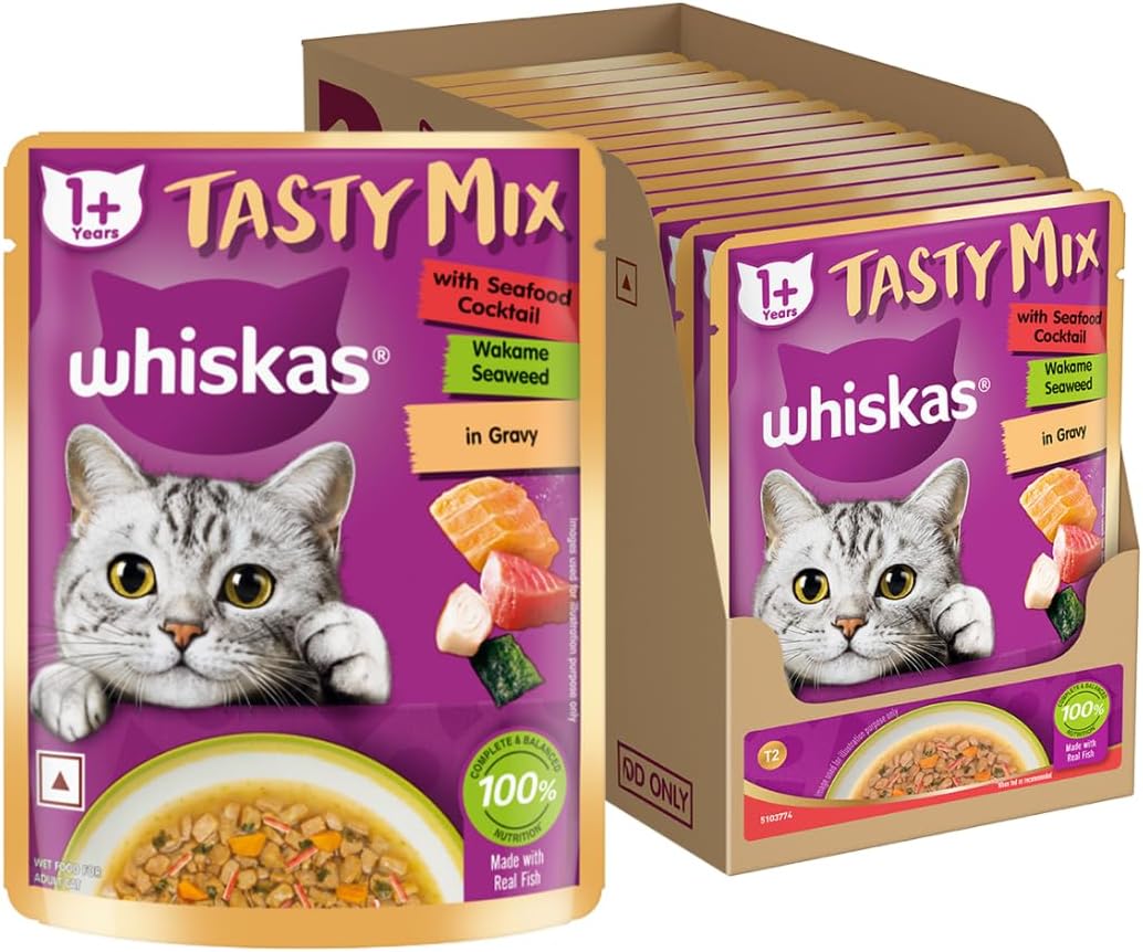 Tasty Mix Adult (1+ Year) Wet Cat Food, Seafood Cocktail Wakame Seaweed in Gravy, 70 g, Pack of 14|Made with Real Fish|Complete & Balanced Nutrition for Adult cat