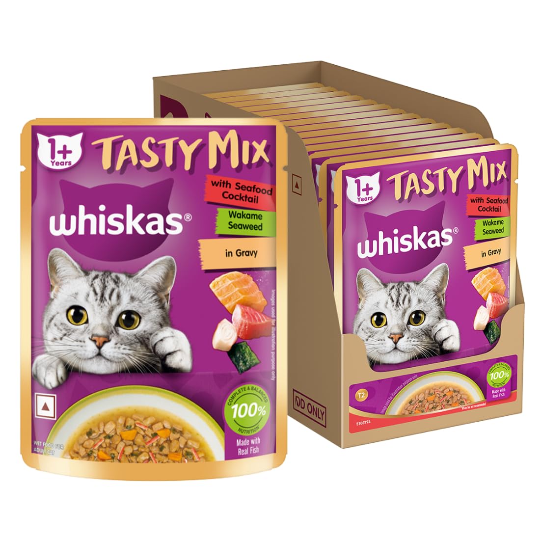 Whiskas Tasty Mix Adult (1+ Year) Wet Cat Food, Seafood Cocktail Wakame Seaweed in Gravy, 70 g, Pack of 14|Made with Real Fish|Complete & Balanced Nutrition for Adult cat