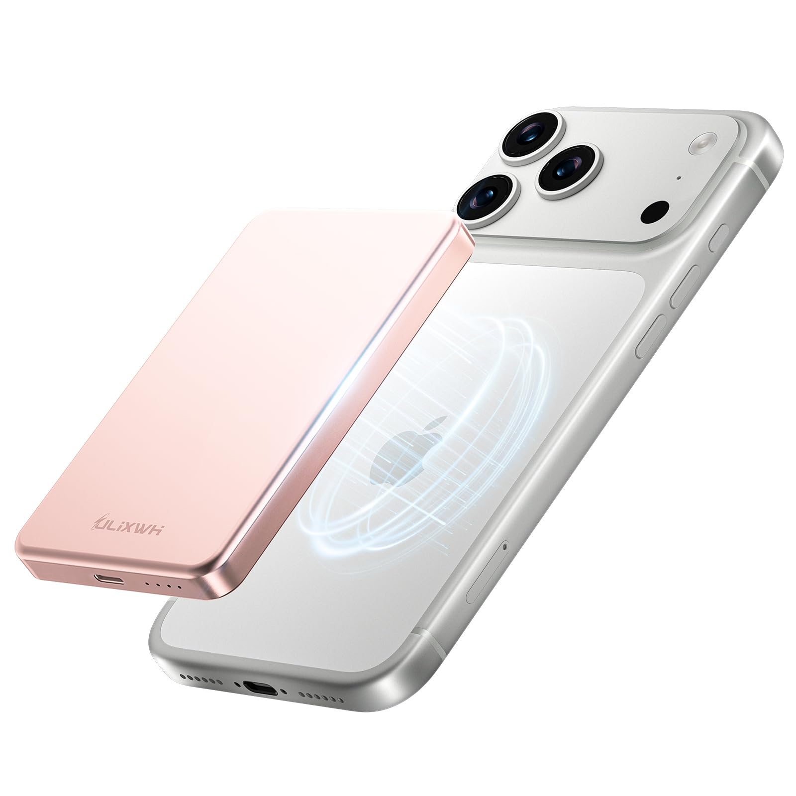 ULiXWH Batería externa magnética de 10,000 mAh, ultra delgada, cargador inalámbrico Mag con cable USB-C, batería portátil de carga rápida para iPhone 16/15/14/13/12, oro rosa