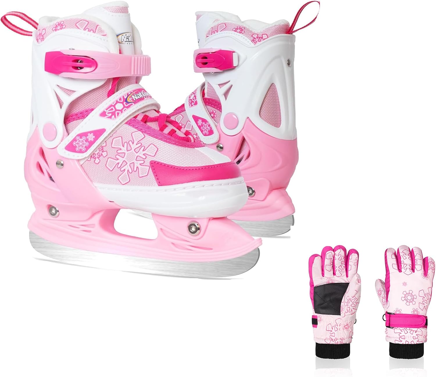 Nattork Adjustable Pink Ice Skates wiith Girls Winter Snow Gloves for Kids Youth