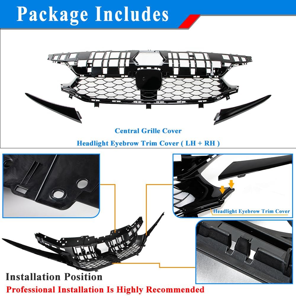 Gloss Black Front Grille Compatible with 2022–2025 Honda Civic 11th Gen Sedan Upper Hood Grille, Front Bumper Grille Cover Replacement (Si Style)