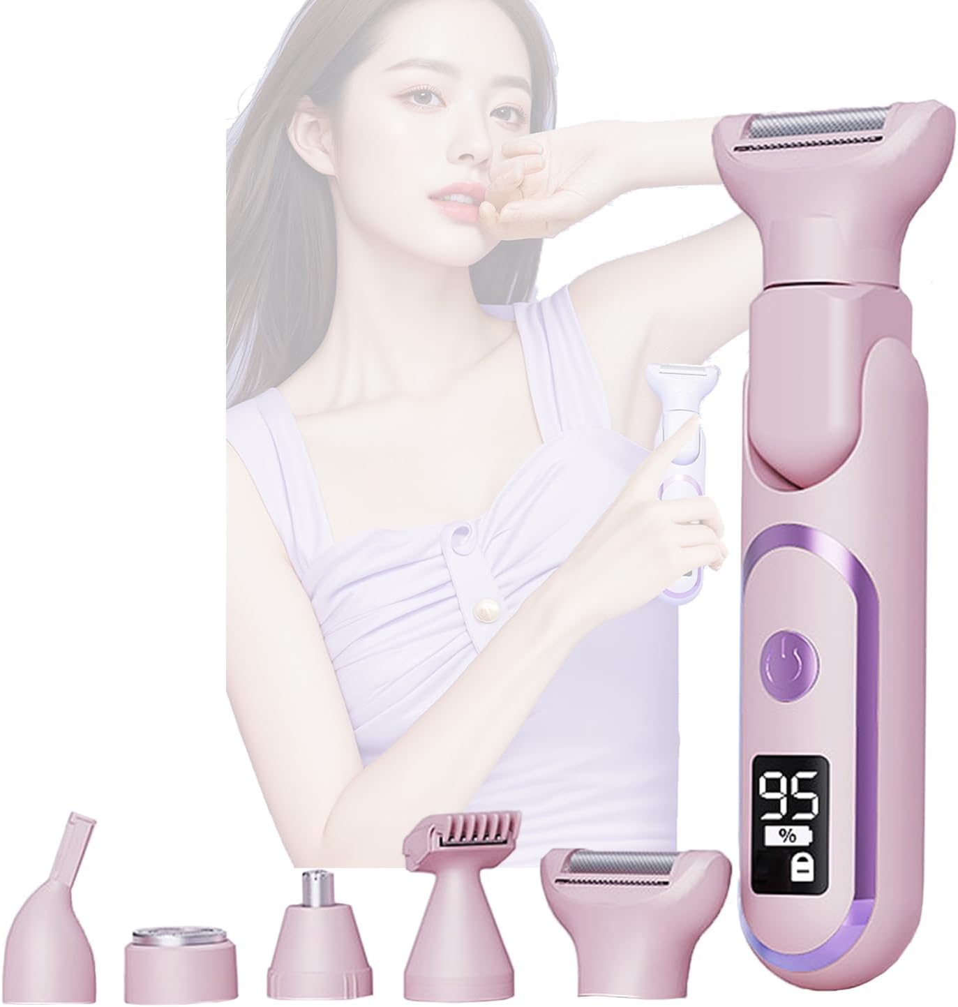 LED Display Type-C Multi-Function Hair Trimmer 5-in-1 Replaceable Heads Full Body Washable Quiet Motor 180° Adjustable Women's Shaver (Purple)