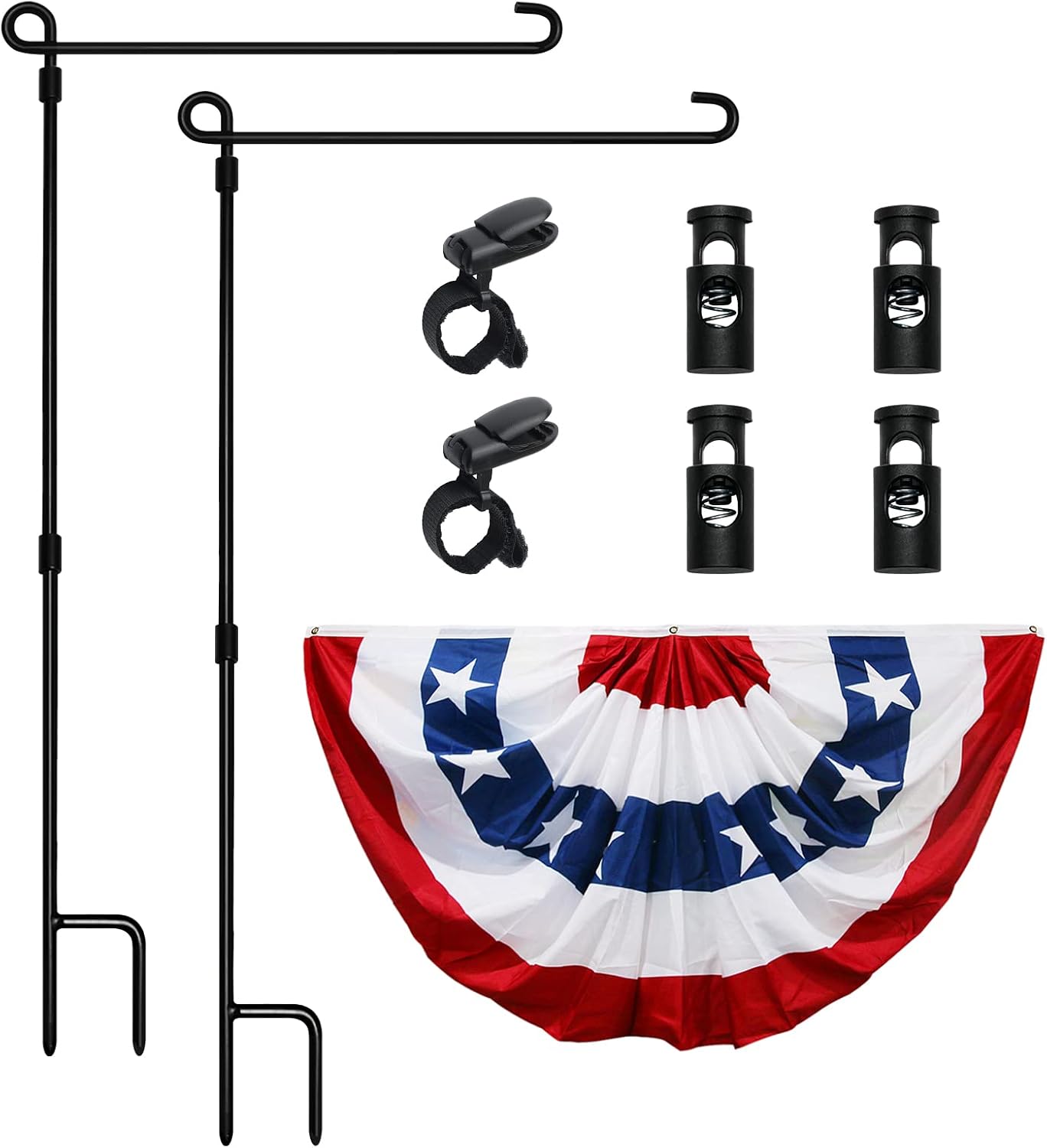 HOOSUN Garden Flag Stand, Premium Garden Flag Pole Holder Metal Wrought Iron Powder-Coated Weather-Proof Paint (2 Pack) with Tiger Clip and Spring Stoppers,USA Flag Fan Bunting 3 x 6 Ft Outdoor Decor