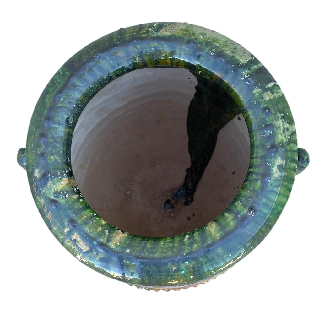 Marokkanische Vase Tamegroute, Amphore, handgefertigt, aus Keramik, Grün und Ocker, 38 x 38 x 62 cm