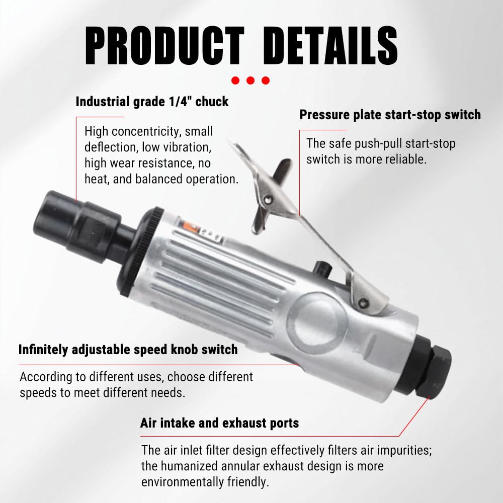 Uadme Air Die Grinder, 1/4Inch Pneumatic Air Die Grinder, Grinding Kit Polishing Engraving Tool 90PSI, Silver and Black - Image 4