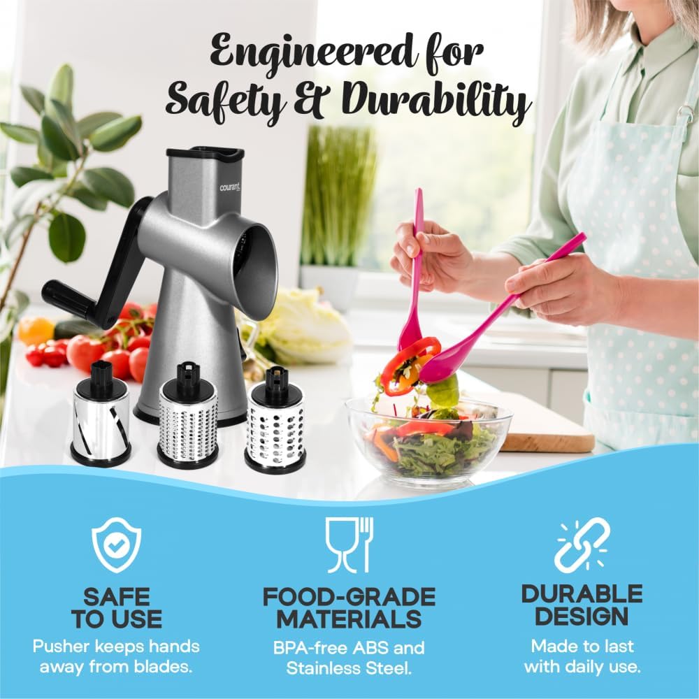 Courant Rotary Cheese Grater hand crank, High Grade steel housing-Vegetable Slicer salad shooter &vegetable shredder Rotary Grater Slicer for Vegetables, Nuts, with 3 Interchangeable Blades