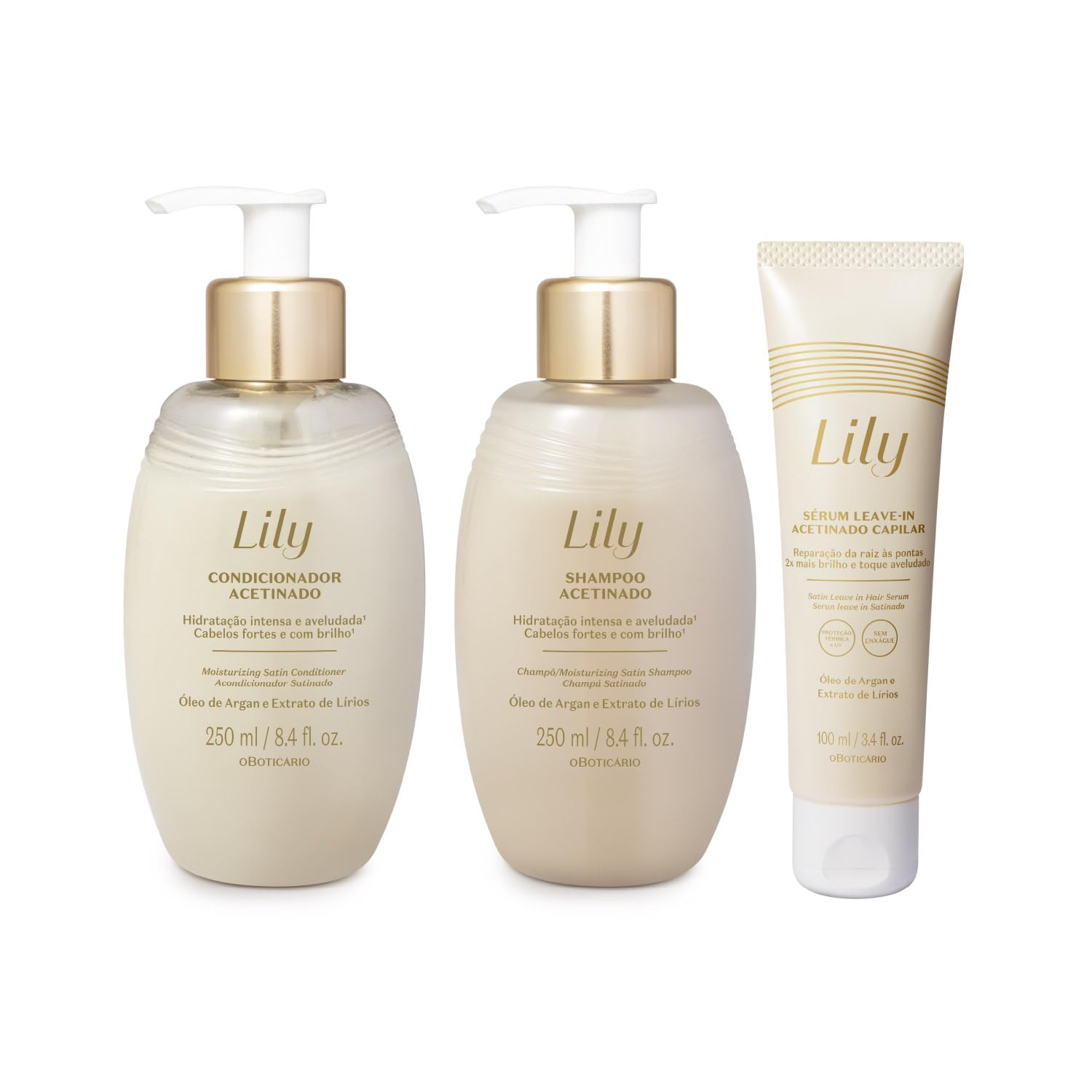 O Boticário Lily Set Regalo Cura dei Capelli con 3 Prodotti | Shampoo Satinato Profumato 250 ml, Balsamo 250 ml e Siero Leave-In 100 ml