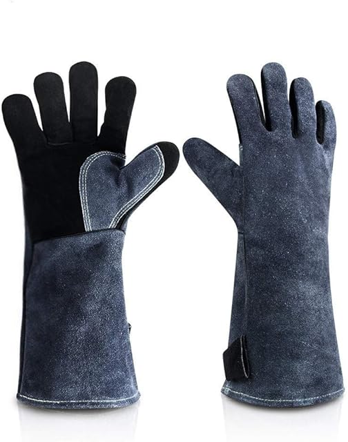 JZK Heavy duty large leather heat resistant heat proof fire gloves gauntlets for wood burner log burner BBQ welding, gardening gloves for men