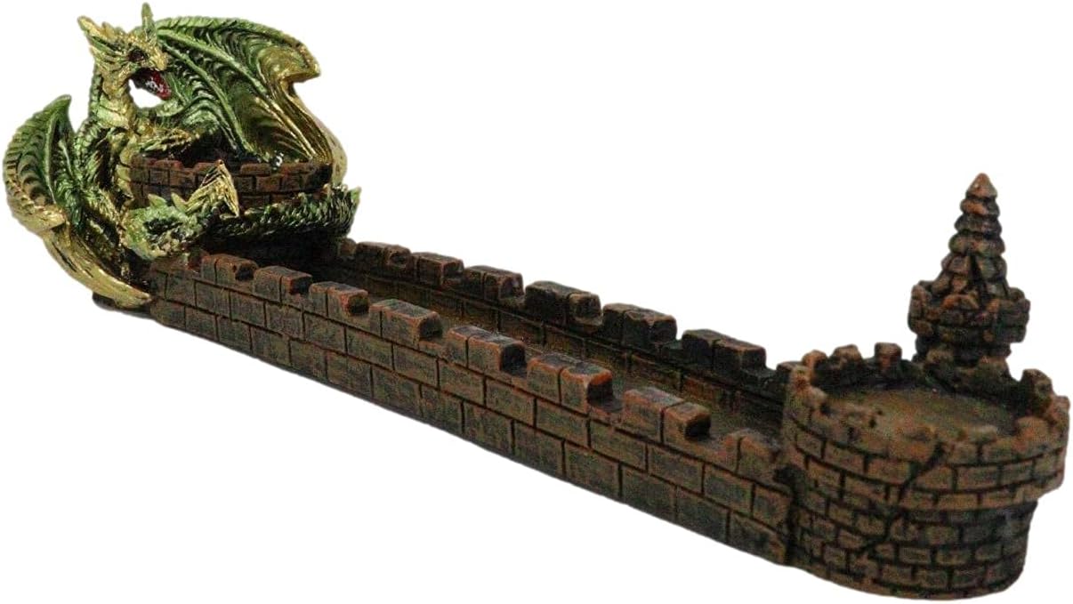 Ebros Gift Green Gaia Ferocious Dragon Perching On Castle Parapet Allure Roof Incense Burner Holder Figurine 11" Long Fantasy Mythical Dungeons and Dragons Home Decorative Accent Statue
