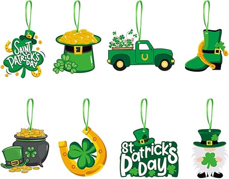 St.Patricks Day Ornaments 8pcs Saint Paddys Day Lucky Green DIY Hanging Shamrock Bauble, Irish Festival Keyring Pendants, Gook Luck Trefoil Party Favors Table Tree Shelf Decor