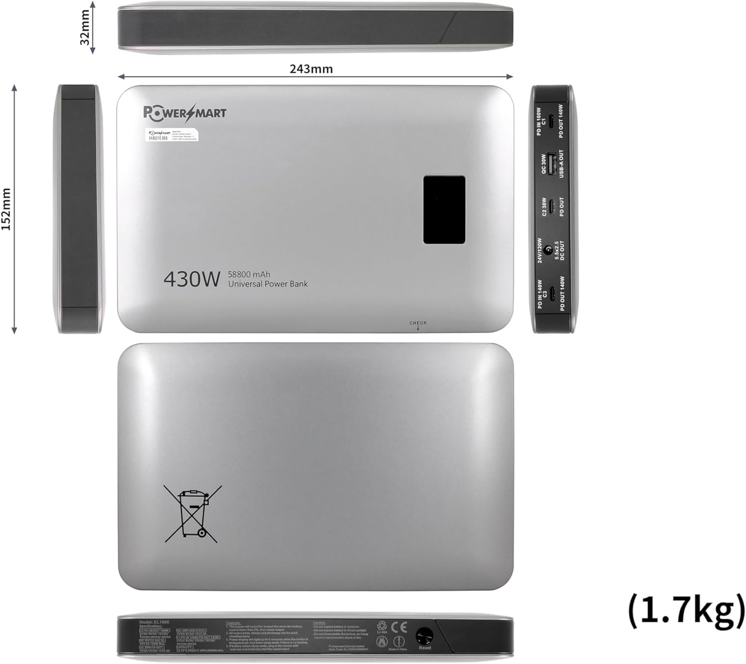 PowerSmart 430W Chargeur de Batterie Externe Universel 58800 mAh pour appareils Photo numériques, Consoles de Jeux, lecteurs MP3
