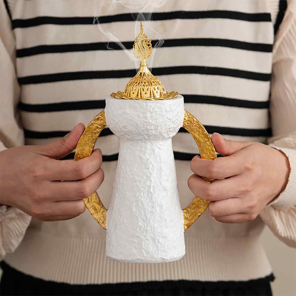 Ręczny palnik kadzidełkowy z żywicy z podwójnymi uszami antyczny Eid Bliski Wschód Arabski Festiwal Uchwyt Dekoracja domu Ozdoba Piec do aromaterapii (biały, L)