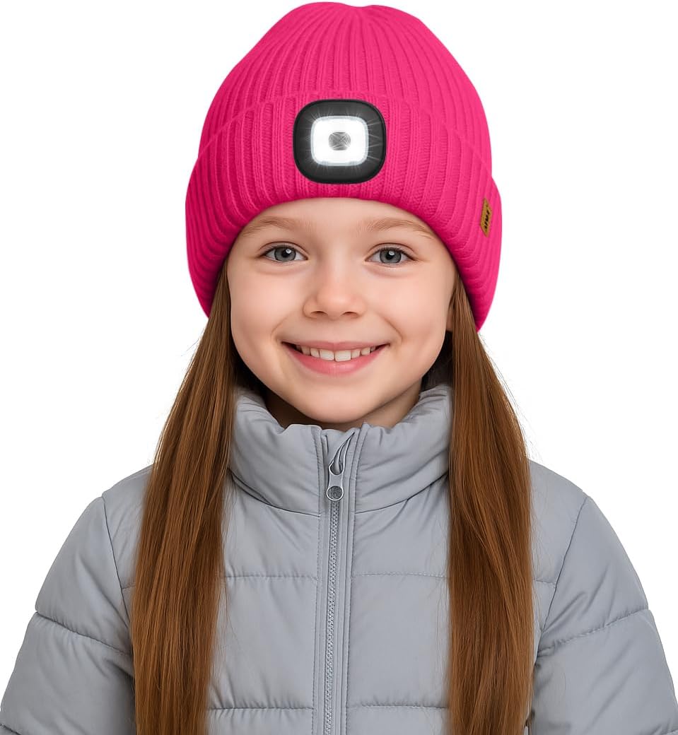 Kids LED Lighted Lined Fleece Beanie Cap, USB Rechargeable 4 LED Run Headlamp Bright Hat Gifts for Boys and Girls