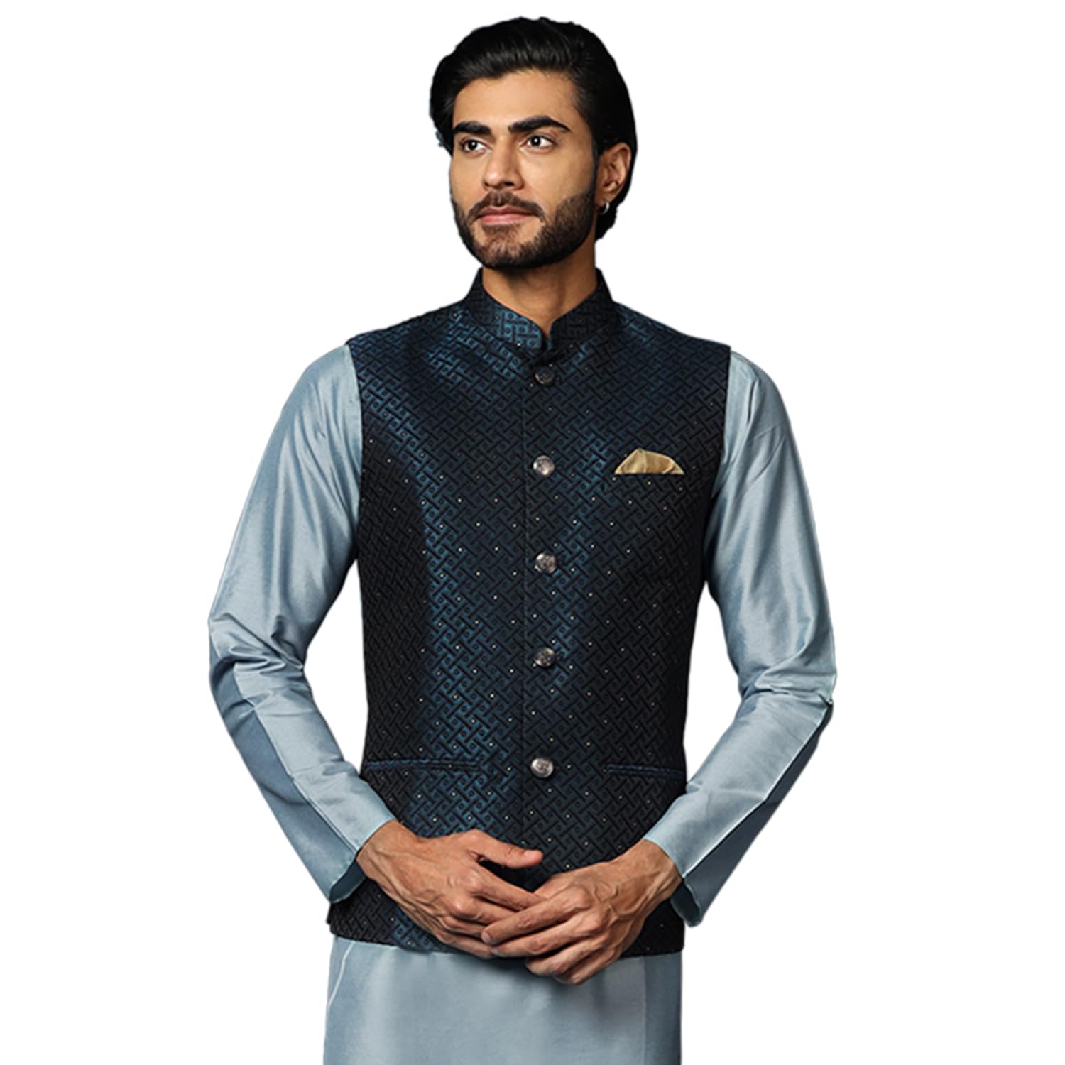 kisah Men's Nehru Jacket Blue Ethnic Festive Traditional Waistcoat Cotton, Regular Fit-picture-37