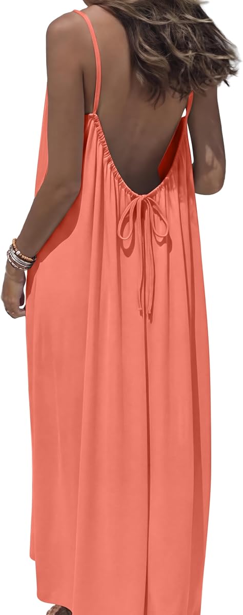 OFEEFAN Summer Dresses for Women 2026 Backless Cami Maxi Sundresses Spaghetti Strap Beach Vacation Clothes Swimsuit Coverup