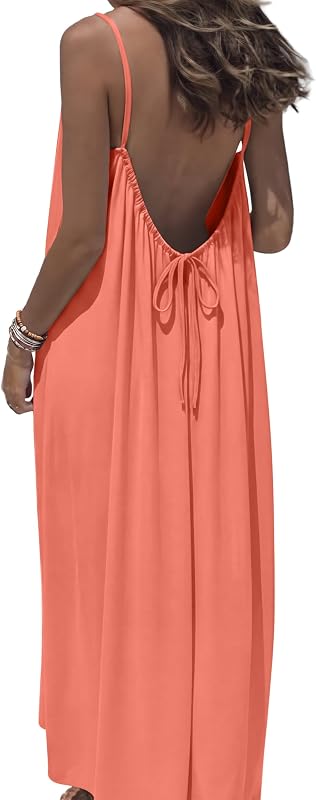 OFEEFAN Summer Dresses for Women 2026 Backless Cami Maxi Sundresses Spaghetti Strap Beach Vacation Clothes Swimsuit Coverup
