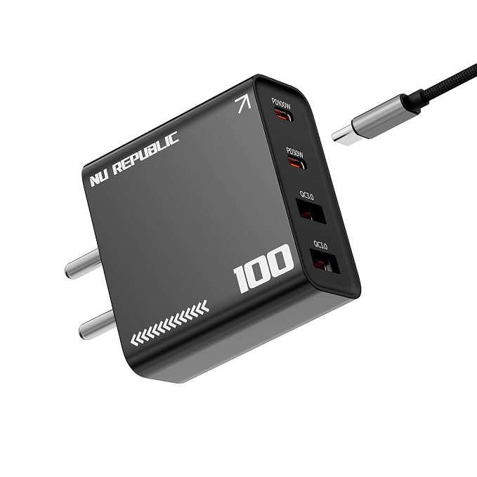 Nu Republic Cybotron 100W Dual QC USB-A + Dual PD Type-C PPS 3.0 Gan Charger with Type-C to C Cable Compatible with MacBook & Type-C Laptop Charging, iPhone, Samsung, OnePlus, Nothing (Black)