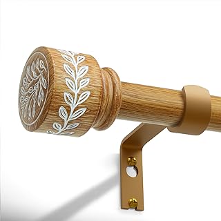 QDWIS Imitation Natural Wood Grain Curtain Rods for Windows 48 to 84 inch 1" Modern Adjustable Heavy Duty Curtain Rod Boho Decorative Drapery Rods Set for Living Room Bedroom Rustic Outdoor