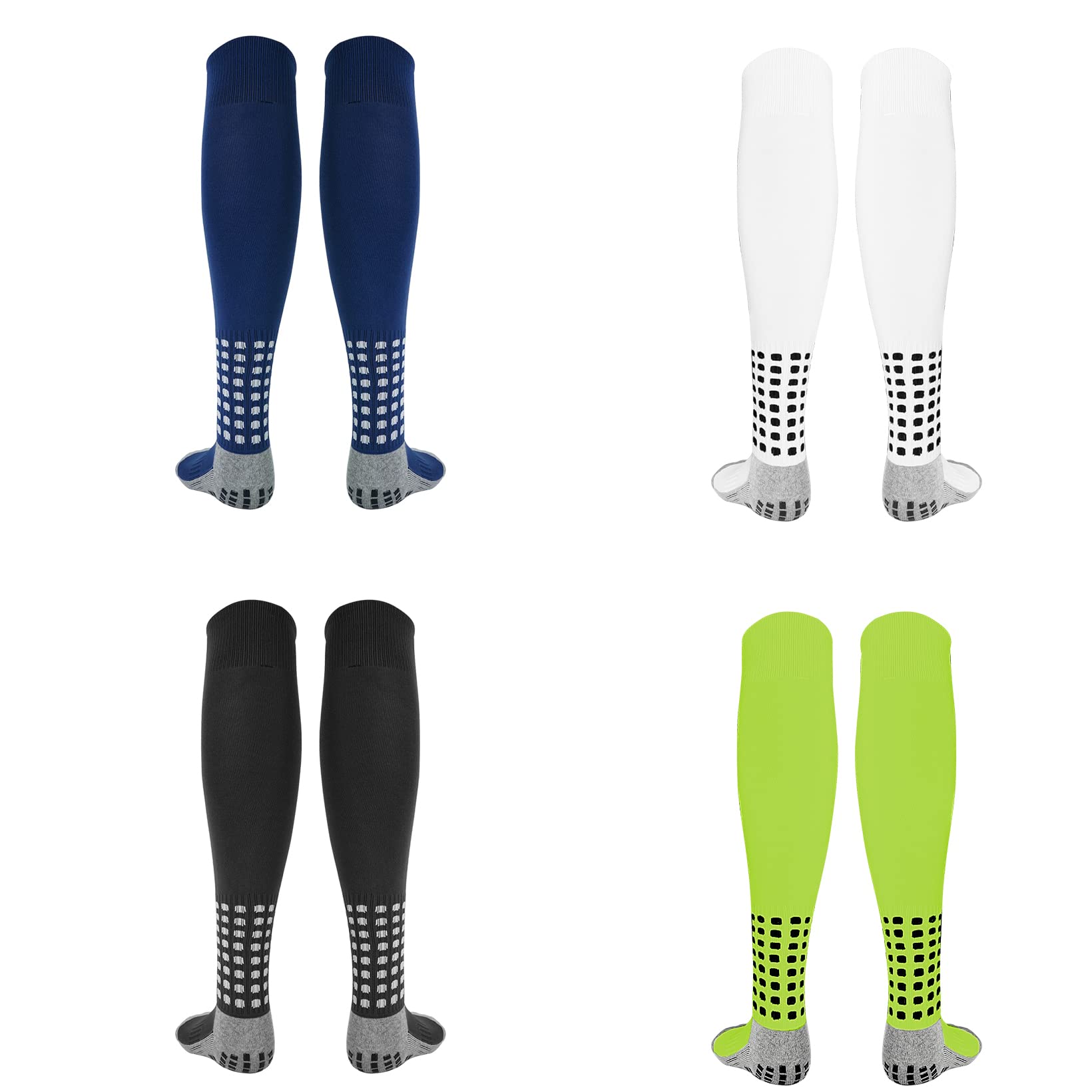 Lujuny 4 Pairs Anti Slip Soccer Socks Grip Socks, Non Slip Knee High Socks for Football Baseball Basketball Hockey Fitness Socks (Blue/White/Black/Green), 4 Pairs, One size