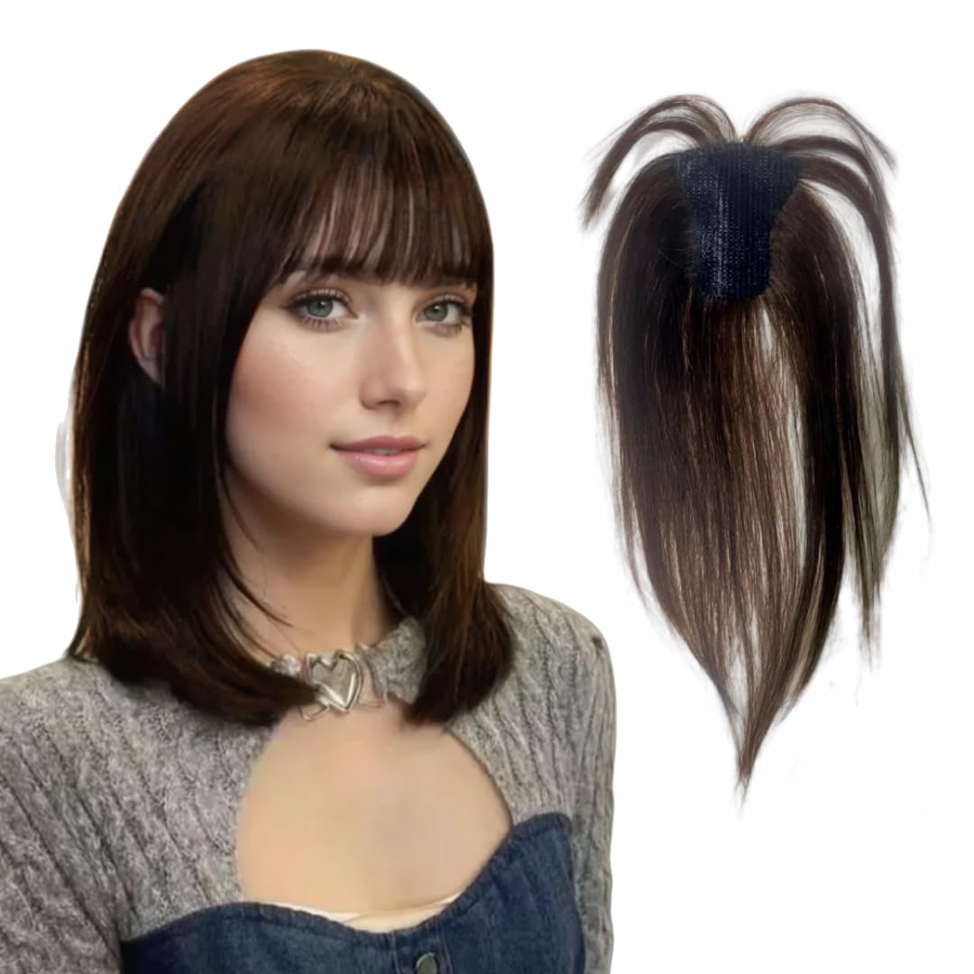 Hook and Loop Fastener Human Hair Bangs No Clips Magic Paste Toppers For Women Female Upgrade Sewing Strap Increase Volume of Fluffy Hair Patches (Moka Brown Air Bangs 6x8cm)