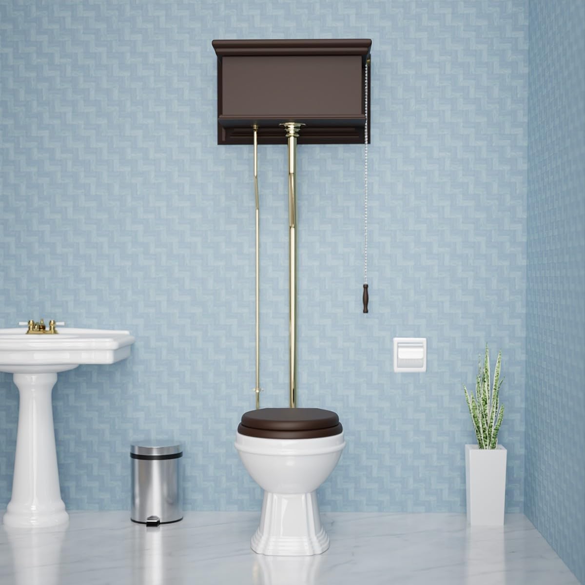Renovators Supply Manufacturing High Tank Pull Chain Toilet With Dark Oak Wooden Flat High Tank 70 In. To 74 In. Adjustable Height Brass L Pipe And Elongated Toilet Bowl