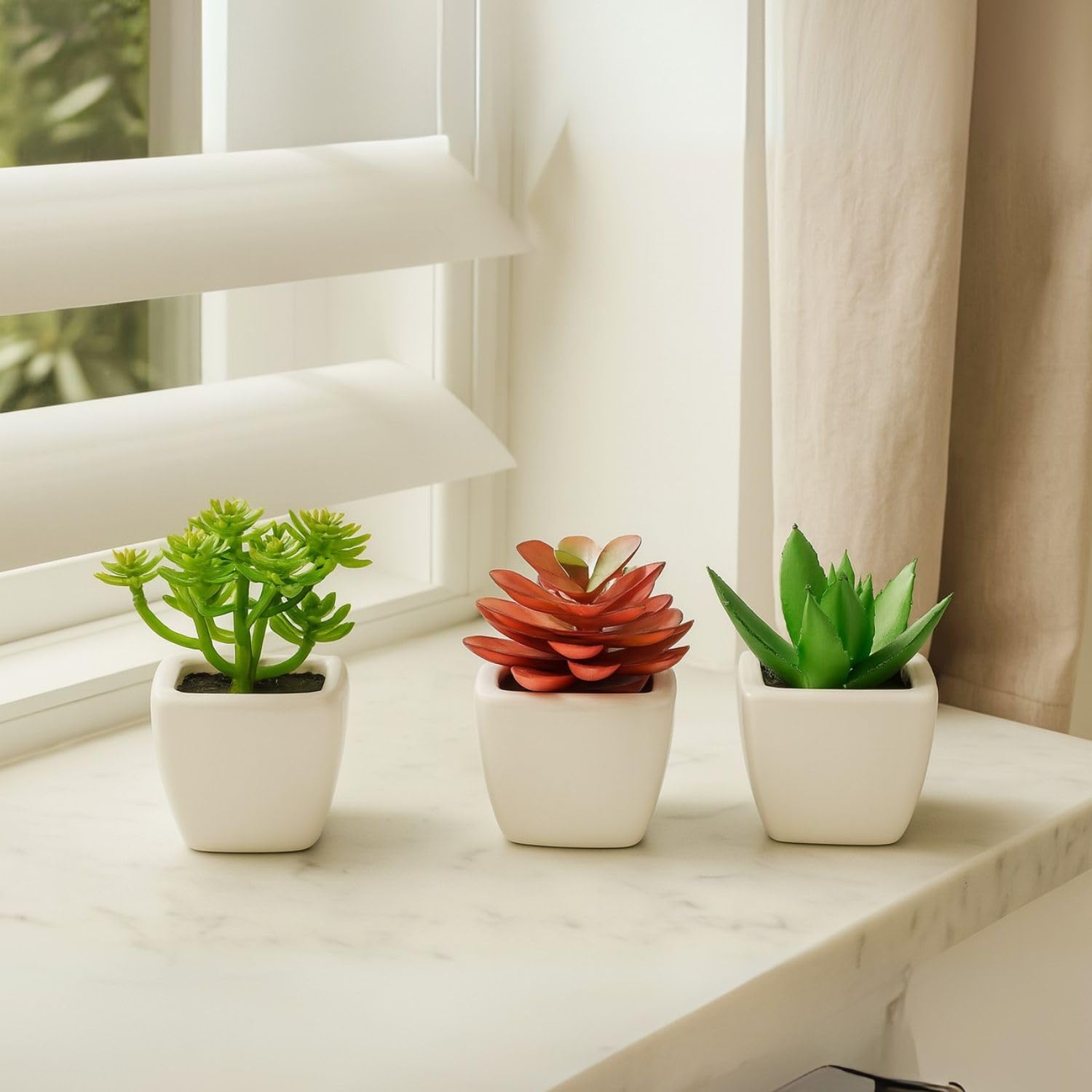 SATYAM KRAFT 3 Pcs Mini Artificial Flower with Ceramic Pot | Small Succulent Artificial Flowers for Home Decor, Office, Living Room, Kitchen, Bedroom, Wedding Decorations (8 cm)