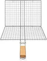 Grelha Dupla Inox com Cabo de Madeira, 32x25cm, para Peixes, Linguiças e Pão de Alho