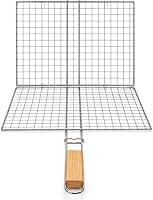 Grelha Dupla Inox com Cabo de Madeira, 32x25cm, para Peixes, Linguiças e Pão de Alho