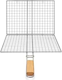 Grelha Dupla Inox com Cabo de Madeira, 32x25cm, para Peixes, Linguiças e Pão de Alho