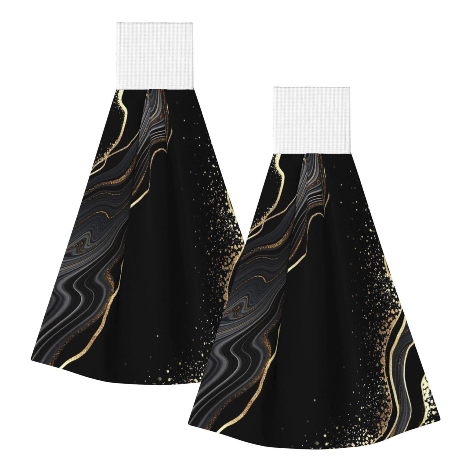 DOPKLNA Black Marble With Gold Glitter, 2 Pcs Hanging Coral Fiber Hand Towels for Bathroom, Absorbent Kitchen Towels