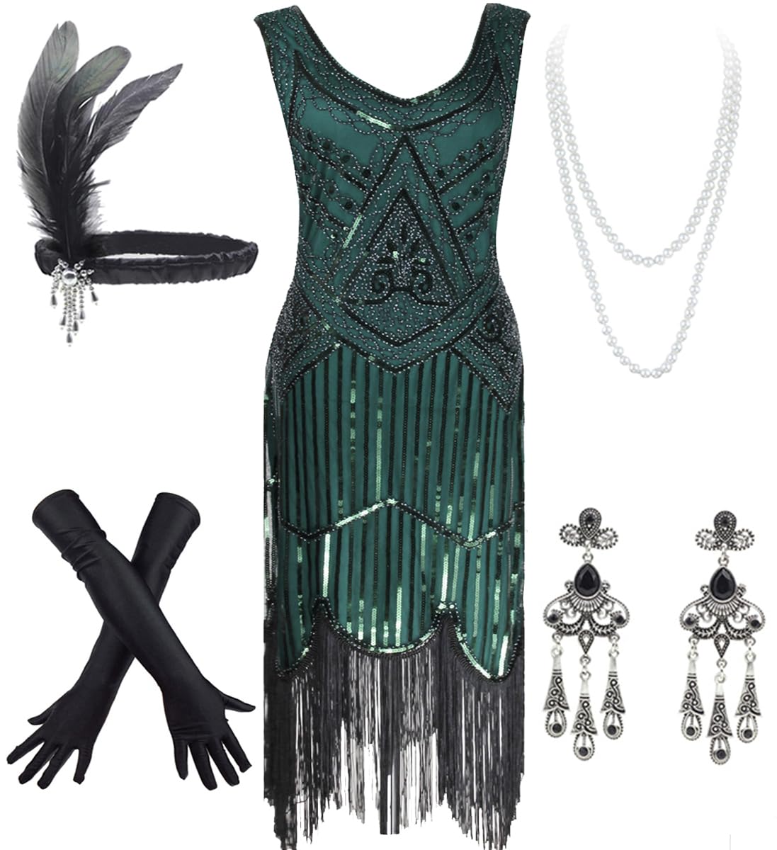 Women's Vintage 1920s Sequin Beaded Tassels Hem Flapper Dress w/Accessories Set