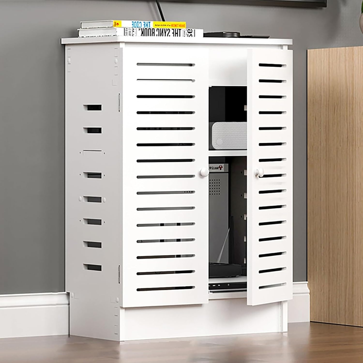 WiFi Router Storage Cabinet WiFi Router Hidden Box Openwork Slat Design Adjustable Shelves and Pre-drilled Cable Holes Sturdy and Durable Easy to Install(White,50x80x30cm)