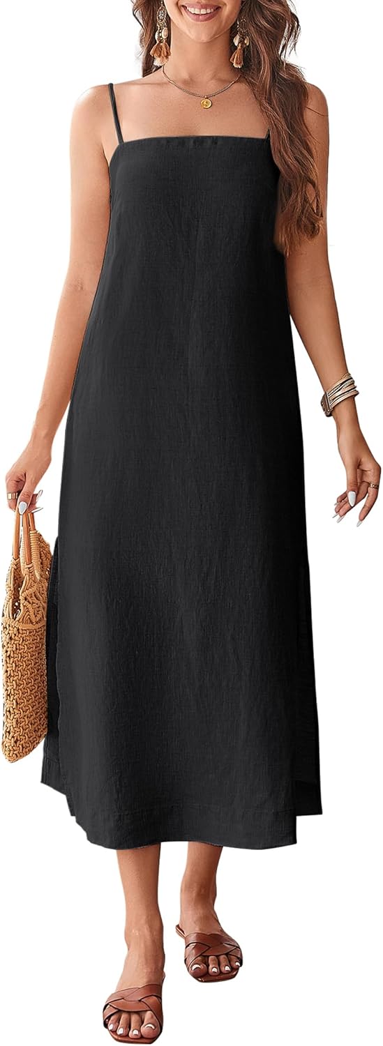 100% Linen Dress Square Neck Sleeveless Spaghetti Strap Summer Casual Midi Summer Dresses with Slit