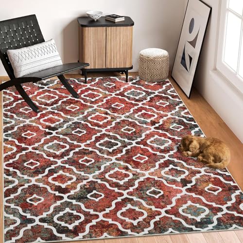 GlowSol Christmas Rug 8x10 Washable Rugs for Living Room Rug Non-Slip Soft Christmas Rug Geometric Farmhouse Low Pile Design Printed Carpet for Dining Room Bedroom Office Home Decor Colorful Red