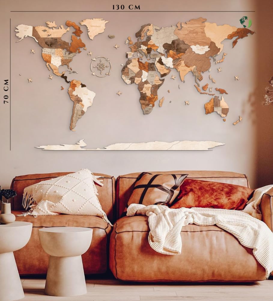 Natura Products Drewniane puzzle 3D, mapa świata – dekoracja ścienna z drewna z kompasem – [małe, 130 x 70 cm, duże 200 x 110 cm) (200 x 110 cm)