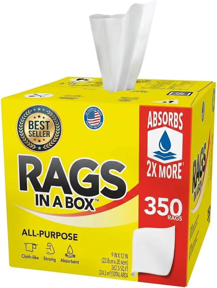 All-Purpose Rags in a Box – 350 Count White Heavy-Duty Shop Towels – Ultra Absorbent Industrial Wipers & Disposable Cleaning Cloths for Garage, Kitchen, and Grill