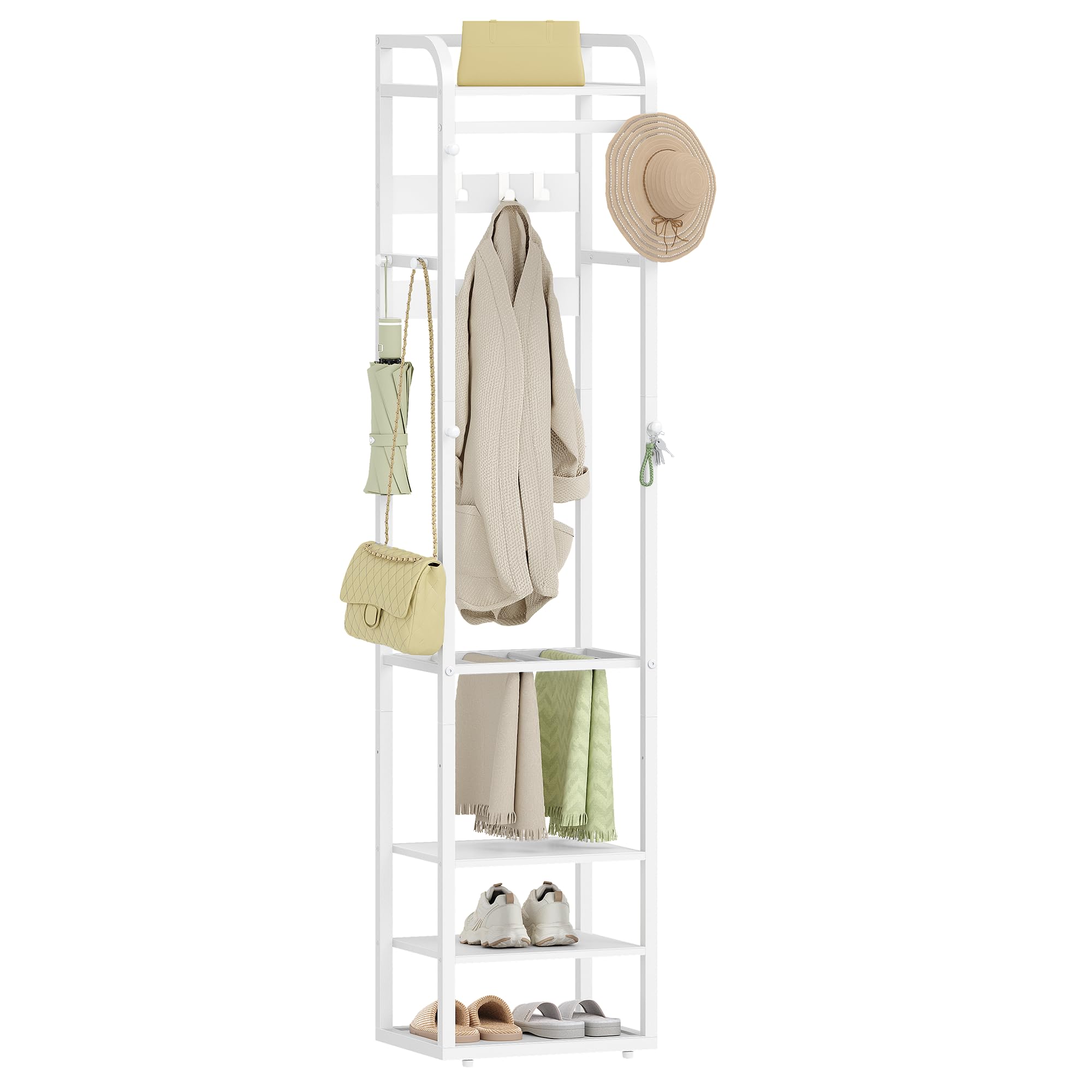 HEXCELEN Garderobenständer, Kleiderständer mit 4 Ablagen und 13 Haken, Aufbewahrungsregal mit Umkehrbaren Ablagen, Garderobe, 30 x 40 x 186 cm, für Schlafzimmer, Wohnzimmer, Flur, Weiß
