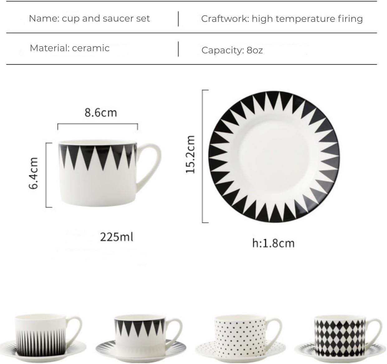 FROOWAN 8 oz Bone China Coffee Cup Set of 4, Geometric Pattern Ceramic Cups with Saucers for Iced Coffee Espresso Latte Cappuccino Tea, Reusable, Porcelain, Dishwasher and Microwave Safe 3