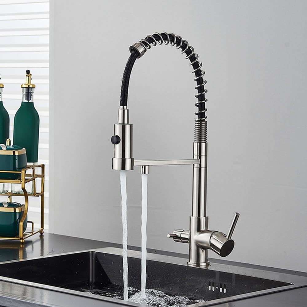 FCXWEVR Brushed Nickel Kitchen Water Filter Faucet Dual Spout Drinking Water Mixer Tap with Rotating Spout for Enhanced Purification and Easy Use