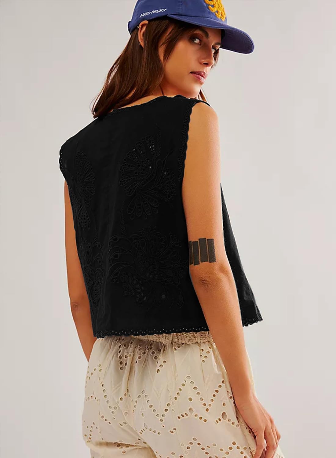 Peaceglad Womens Vest Top Trendy Floral Embroidered Eyelet Tie Front Tops Fashion Crochet Lace Hollow Out Vests - Image 3