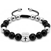 Adjustable Bible Verse Faith Christian Cross Bracelet for Men Teens | 10mm Natural Black Onyx and Stainless Steel Beaded Bracelet,Stainless Steel Cross,Adjustable 5.5-10 Inches,Gift for Son