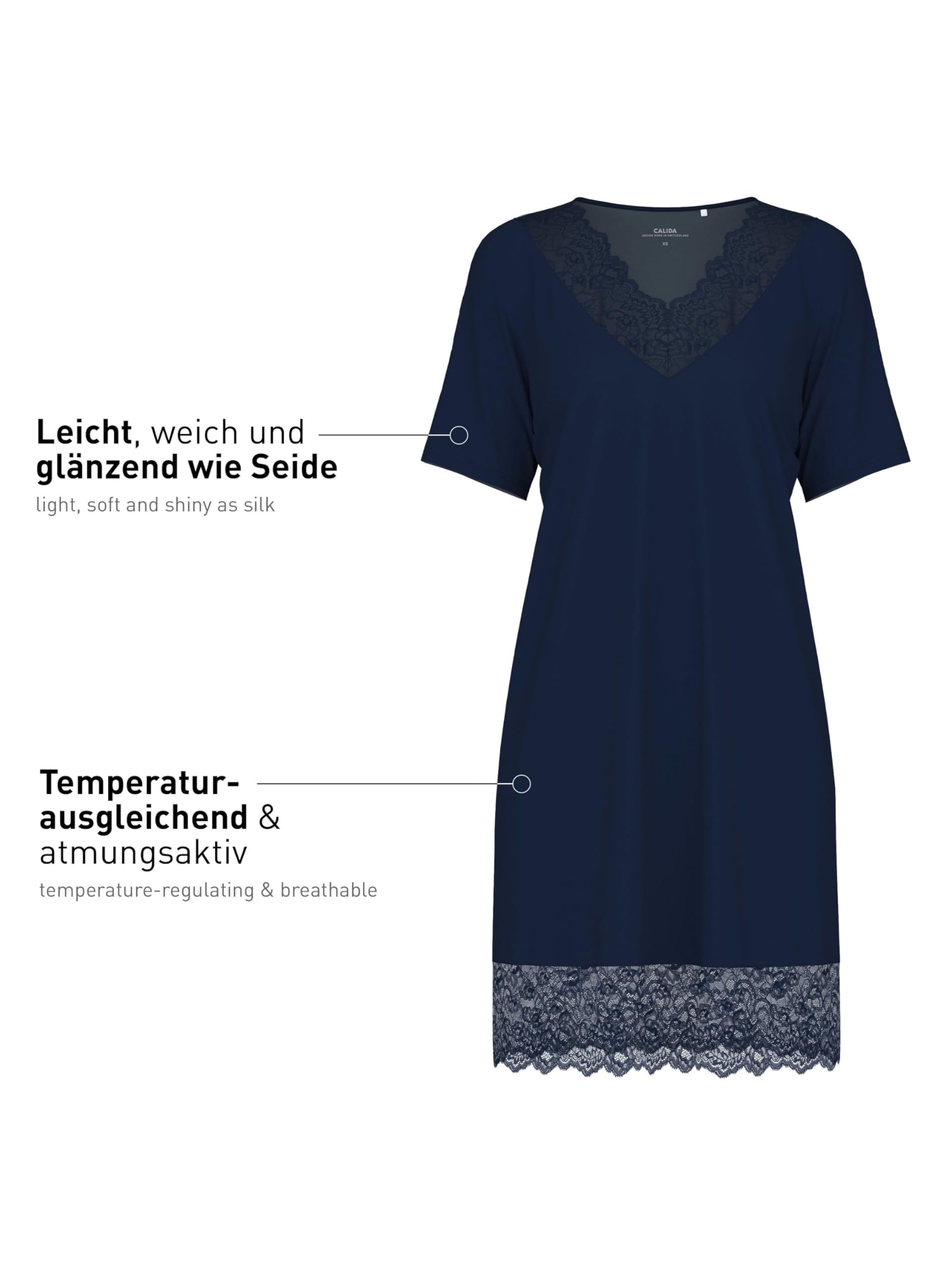 Calida Elegant Dreams Maglia Lunga da Notte Donna (Pacco da 1) | Scollo a V decorato in pizzo, morbido e fluido