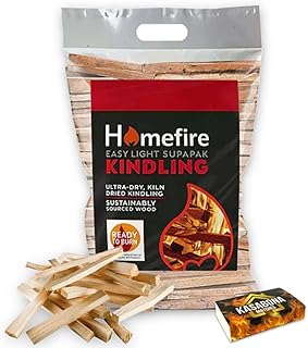Homefire Easy Light Kindling Premium Quick Fire Starter for Open Fires, Charcoal, Wood Burning Stoves, BBQ's, Log Burners, Camp Fires, Fire Pits and Pizza Ovens with Kasabona safety Matches (1 Bag)