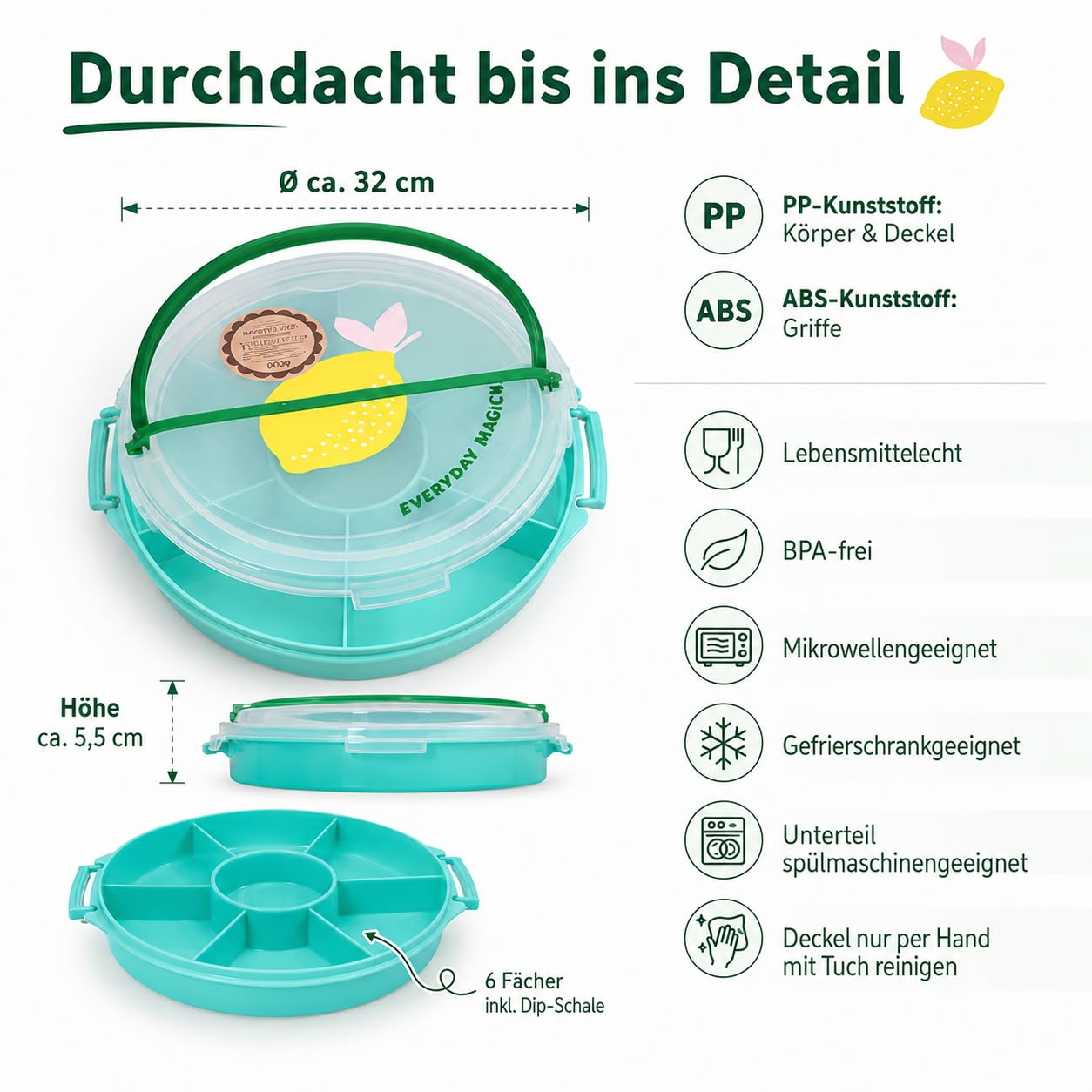 Rice Snackbox mit Fächern rund, Servierplatte mit Deckel, Türkis Zitrone | Snackbox mit 6 Fächern, Deckel und Zitronendesign - ideal für Obst, Dips, Picknick, Party und Brunch.
